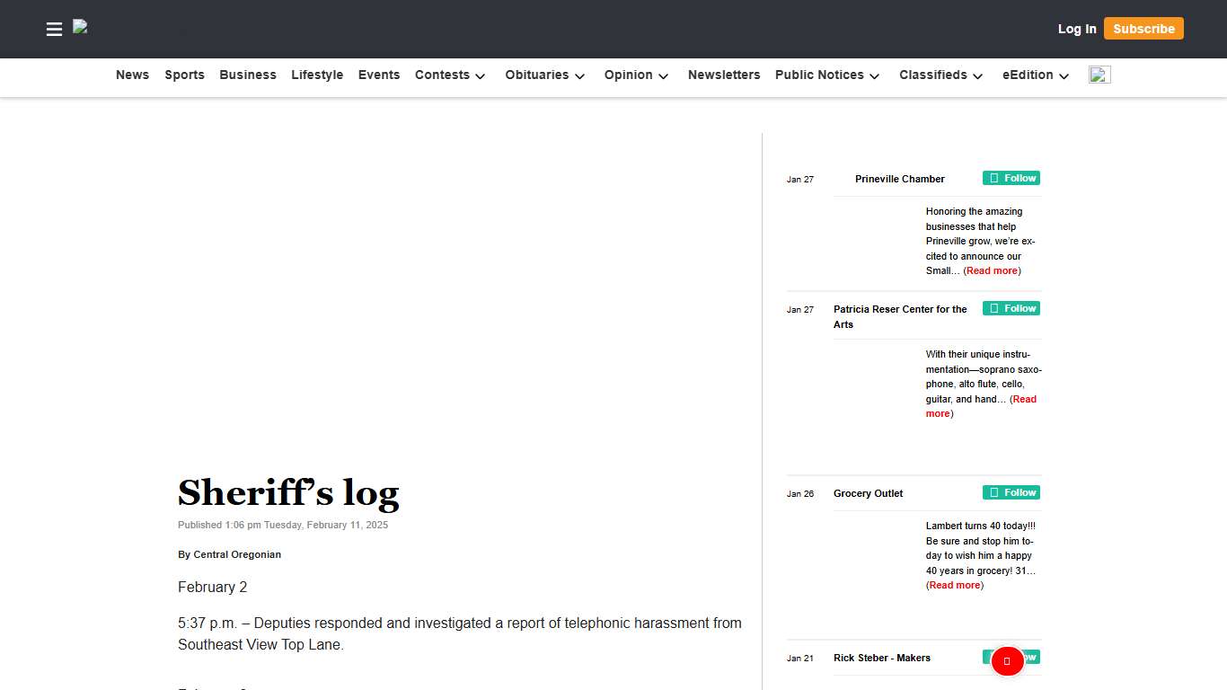 Sheriff’s log Central Oregonian